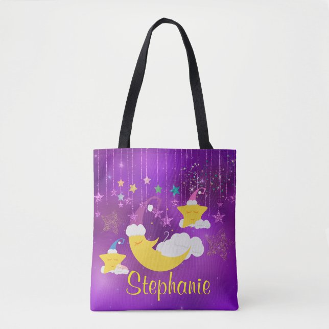 Sleepy Moon & Stars Purple Starry Sky Tote Bag (Front)