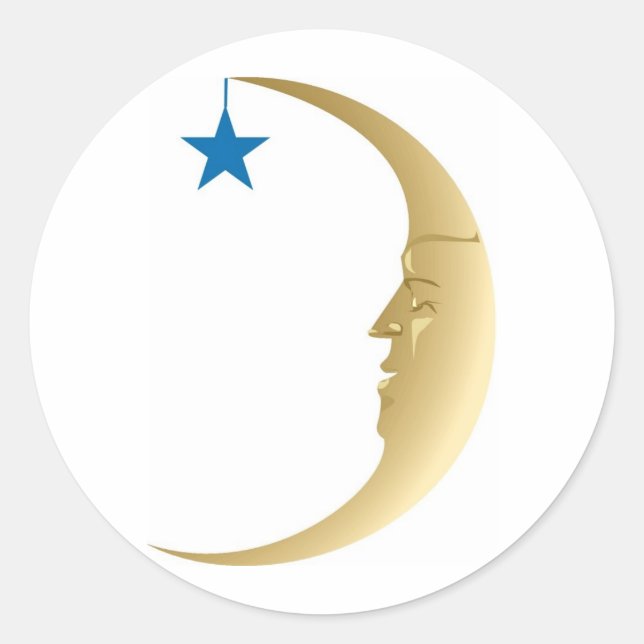 Sleepy Moon with Blue Star Classic Round Sticker (Front)