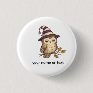 Sleepy Night Owl in Purple Witch Hat Halloween Col Button
