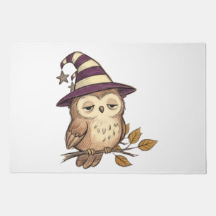 Sleepy Night Owl in Purple Witch Hat Halloween Col Doormat