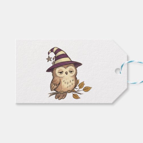 Sleepy Night Owl in Purple Witch Hat Halloween Col Gift Tags