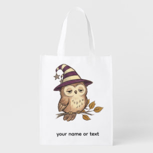 Sleepy Night Owl in Purple Witch Hat Halloween Col Grocery Bag
