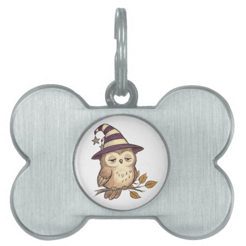 Sleepy Night Owl in Purple Witch Hat Halloween Col Pet ID Tag