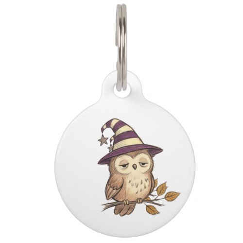 Sleepy Night Owl in Purple Witch Hat Halloween Col Pet ID Tag