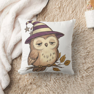 Sleepy Night Owl in Purple Witch Hat Halloween Col Throw Pillow