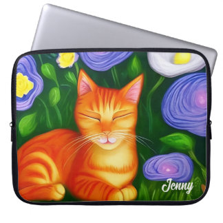 Sleepy Orange Cat in Flowers Laptop Sleeve