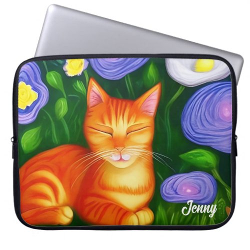 Sleepy Orange Cat in Flowers Laptop Sleeve