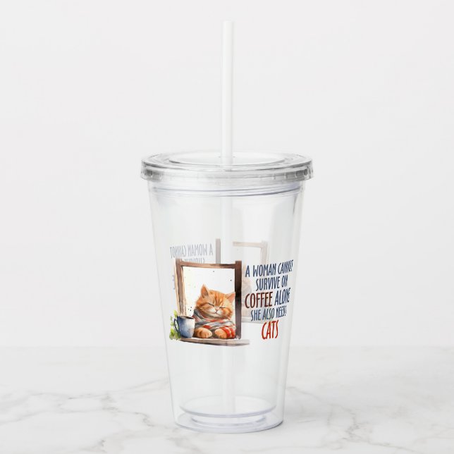 Sleepy Orange Cat with Coffee – Cozy Cat Acrylic Tumbler (Front)