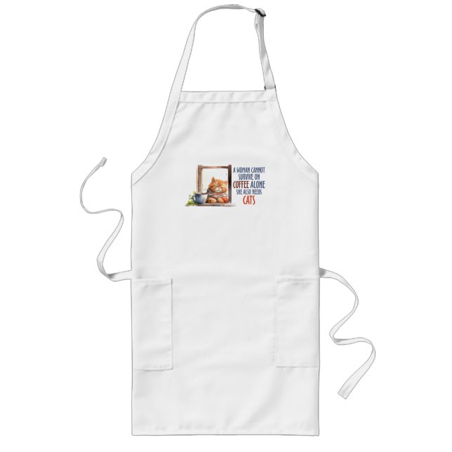 Sleepy Orange Cat with Coffee – Cozy Cat Long Apron (Front)