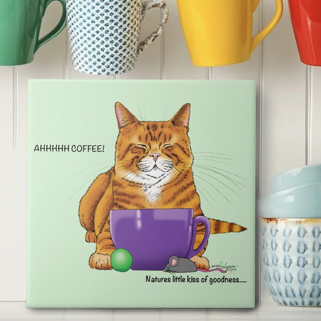 Sleepy Orange Ginger Cat Coffee Green Purple Ceramic Tile (Creator Uploaded)