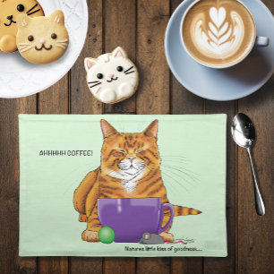 Sleepy Orange Ginger Cat Coffee Green Purple Cloth Placemat