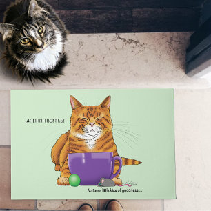 Sleepy Orange Ginger Cat Coffee Green Purple Doormat