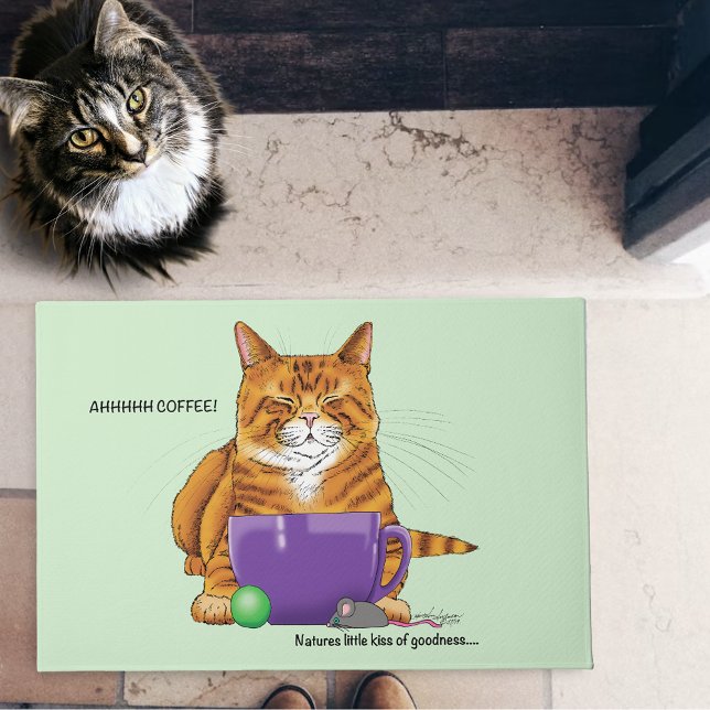 Sleepy Orange Ginger Cat Coffee Green Purple Doormat (Creator Uploaded)