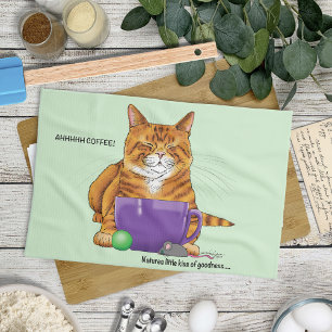 Sleepy Orange Ginger Cat Coffee Green Purple Kitchen Towel