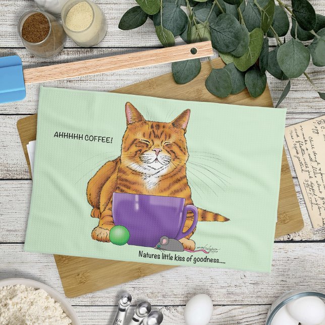 Sleepy Orange Ginger Cat Coffee Green Purple Kitchen Towel (Creator Uploaded)