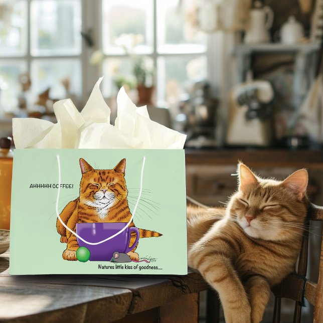 Sleepy Orange Ginger Cat Coffee Green Purple Large Gift Bag (Creator Uploaded)