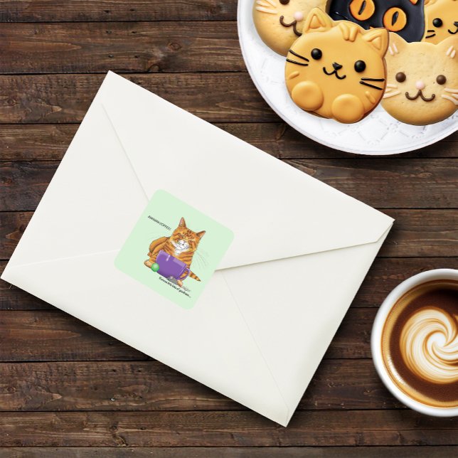 Sleepy Orange Ginger Cat Coffee Green Purple Square Sticker (Creator Uploaded)