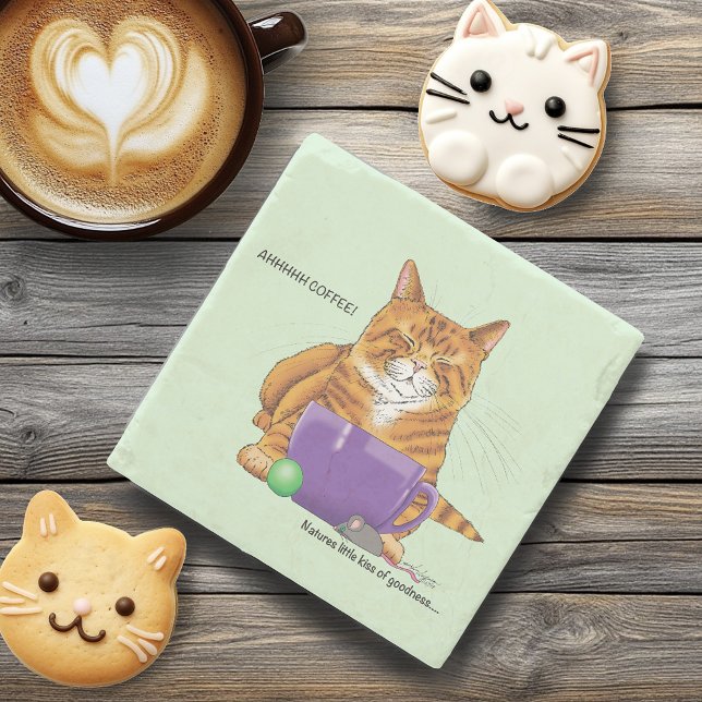 Sleepy Orange Ginger Cat Coffee Green Purple Stone Coaster (Creator Uploaded)