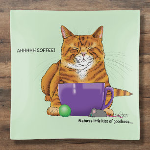 Sleepy Orange Ginger Cat Coffee Green Purple Trinket Tray