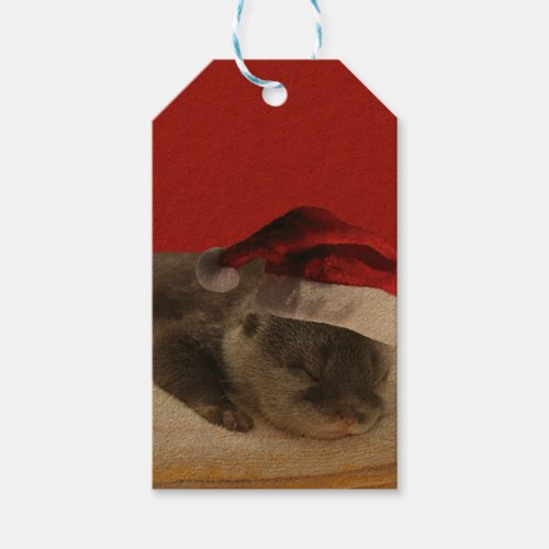 Sleepy Otter wearing a Santa Claus Hat Gift Tags