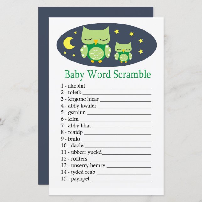 Sleepy owl Baby word scramble game (Front/Back)