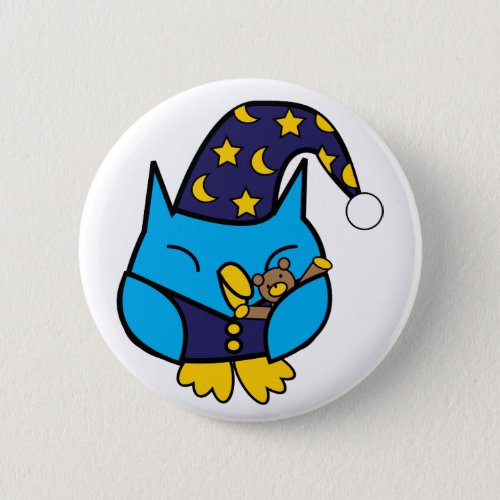 Sleepy Owl Blue Pinback Button