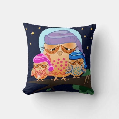 Sleepy Owl Family with Nightcaps Throw pillow