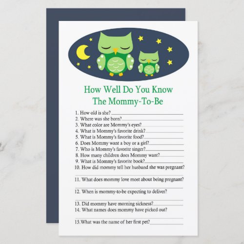 Sleepy owl How well do you know baby shower game