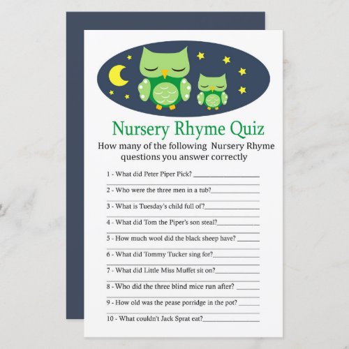 Sleepy owl Nursery Rhyme Quiz baby shower game