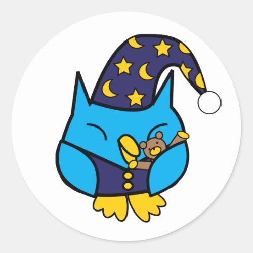 Sleepy Owl Teddy Bear Blue Classic Round Sticker