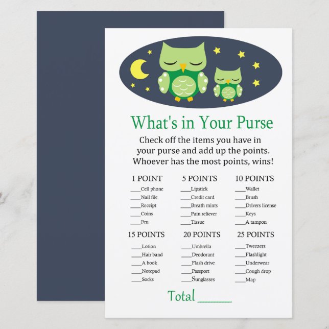 Sleepy owl What's in your purse game baby shower (Front/Back)