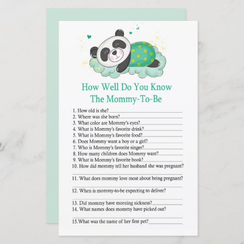 Sleepy panda How well do you know baby shower game