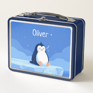 Sleepy Penguin, Boys, Personalized Blue Metal Lunch Box