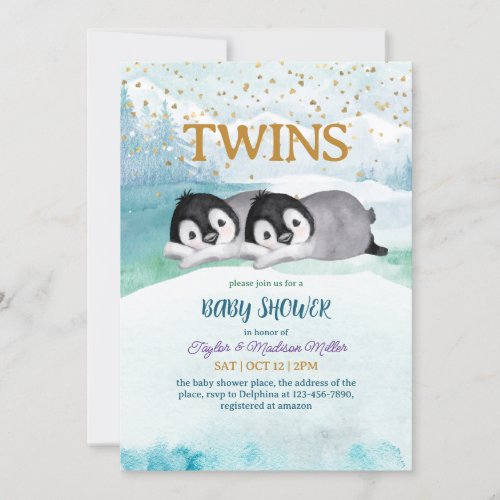 Sleepy Penguin Twin Winter Theme Baby Boy Shower Invitation