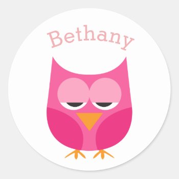 Sleepy Pink Owl Personalized Classic Round Sticker by JK_Graphics at Zazzle