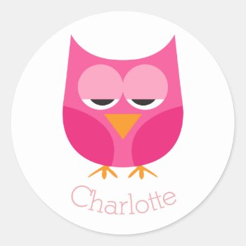 Sleepy Pink Owl Personalized Classic Round Sticker by JK_Graphics at Zazzle