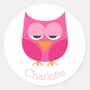 Sleepy Pink Owl Personalized Classic Round Sticker