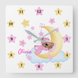 Sleepy Pink Teddy Bear on Moon Baby Girl Nursery Square Wall Clock