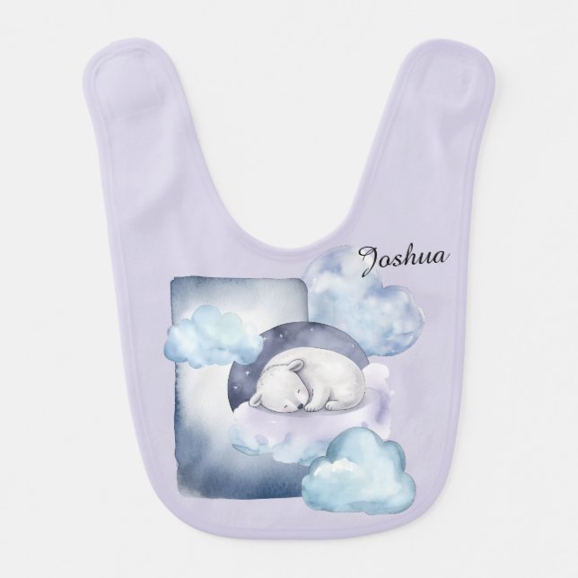 Sleepy Polar Bear in the Clouds Personalizable  Baby Bib (Front)
