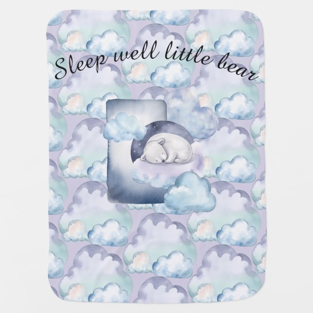 Sleepy Polar Bear in the Clouds Personalizable  Baby Blanket (Front)