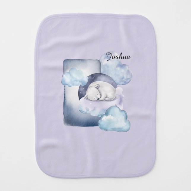 Sleepy Polar Bear in the Clouds Personalizable  Baby Burp Cloth (Front)