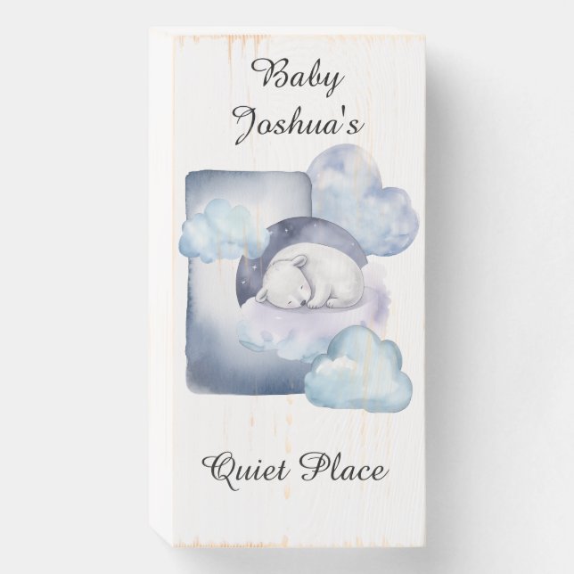 Sleepy Polar Bear in the Clouds Personalizable  Wooden Box Sign (Front Vertical)