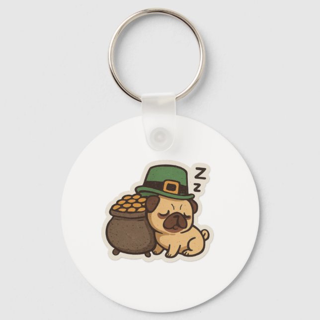 Sleepy Pug Guardian St.Patrick's Day Keychain (Front)