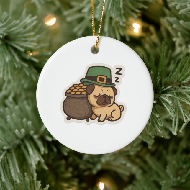 Sleepy Pug Leprechaun Retro St. Patrick's Day Ceramic Ornament (Tree)