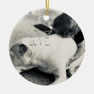 Sleepy puppy pitbull and baby cuddles ceramic ornament