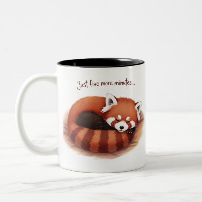 Sleepy Red fox Mug, 'Five More Minutes' Cup" Two-Tone Coffee Mug (Left)