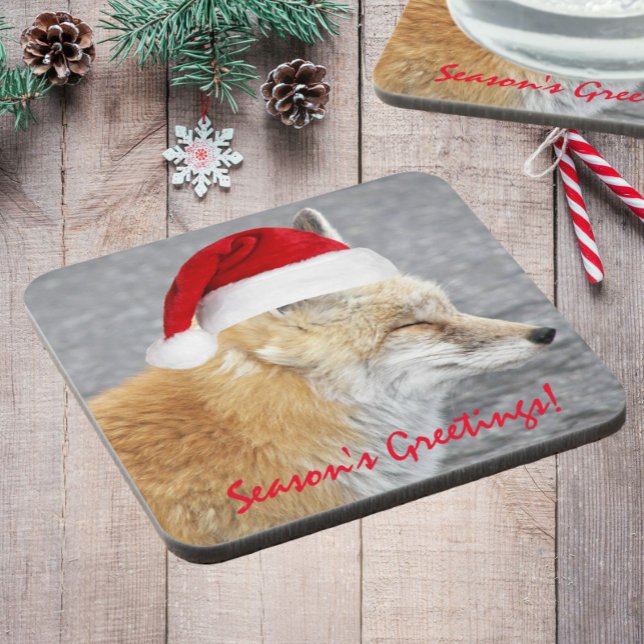 Sleepy Red Fox Wearing Red Santa Hat Holiday Beverage Coaster (In Situ Holiday)