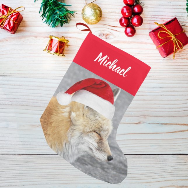 Sleepy Red Fox Wearing Red Santa Hat with Name Small Christmas Stocking (In Situ)