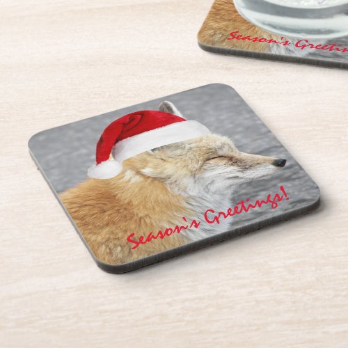 Sleepy Red Fox Wearing Santa Hat Holiday Beverage Coaster