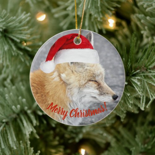 Sleepy Red Fox Wearing Santa Hat Holiday Ceramic Ornament